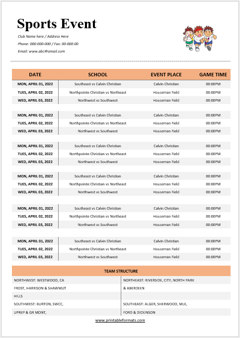 Sports Event Schedule Template