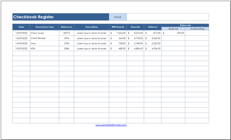 Checkbook Register Templates - Printable Formats